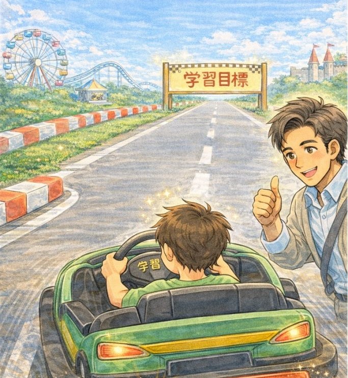 イラスト2／学習目標に向かってハンドルを操る   by高田保則 (生成AIを使用して作成)