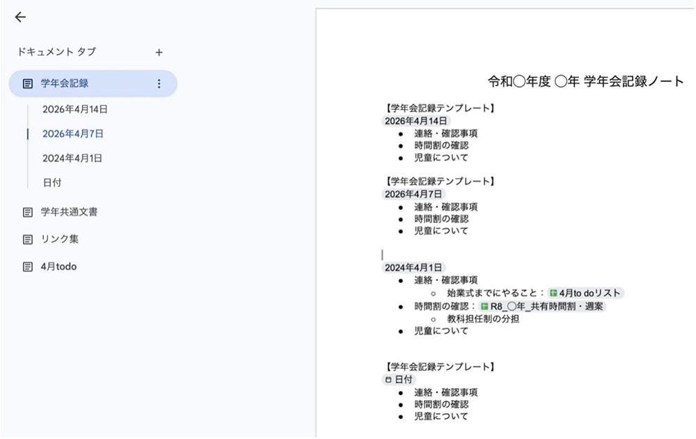 ドキュメントタブの「学年会記録」を開いた画面