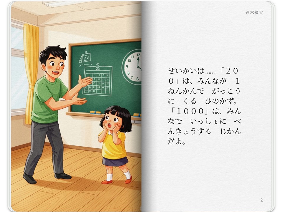 絵本の「登校日数と授業時数」を説明するページ