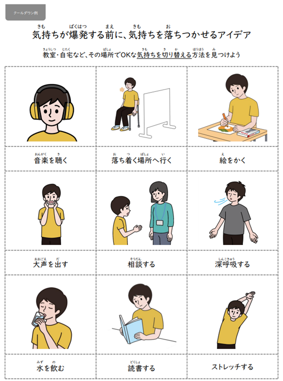 クールダウンするための方法を複数示したイラスト集。