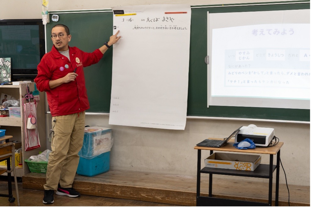 黒板に模造紙を貼り、次の活動について説明する大窪教諭。