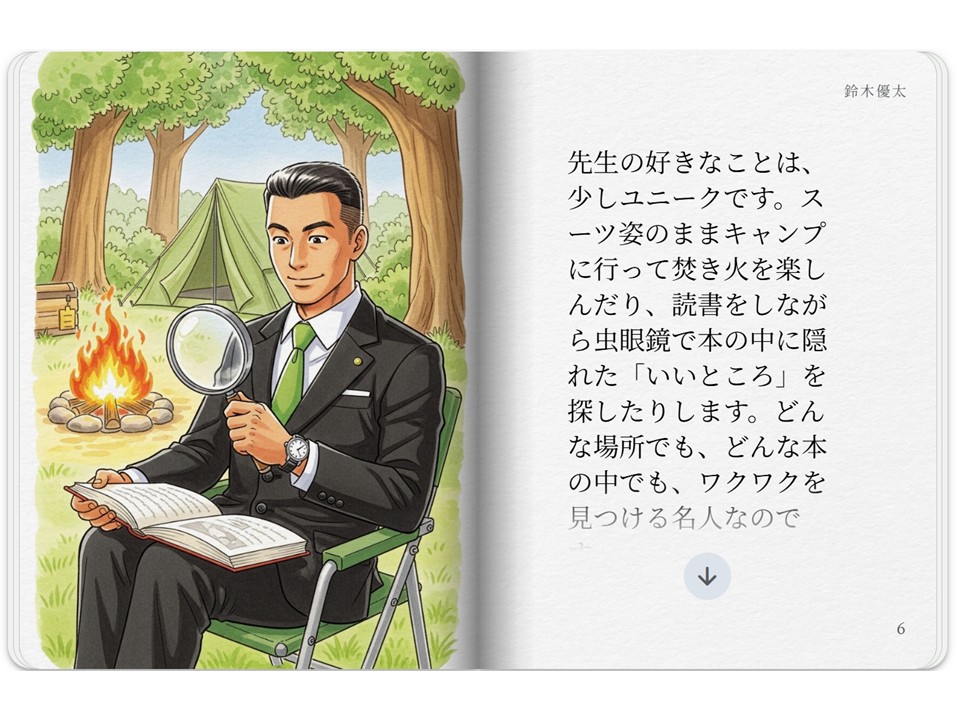 「スーツ姿のままキャンプに行って焚き火を楽しむ」という、非常におかしなストーリーや挿絵