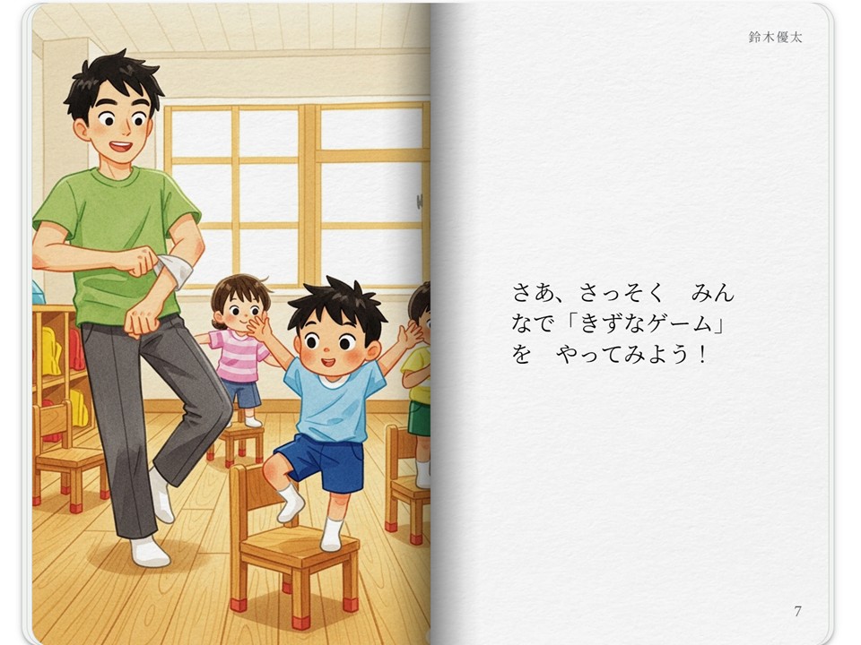 絵本の「きずなゲーム」をみんなでやってみる場面を描いたページ