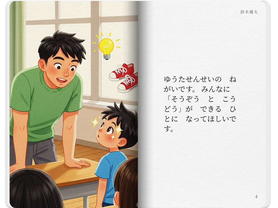 絵本の「優太先生の願い」を伝えるページ