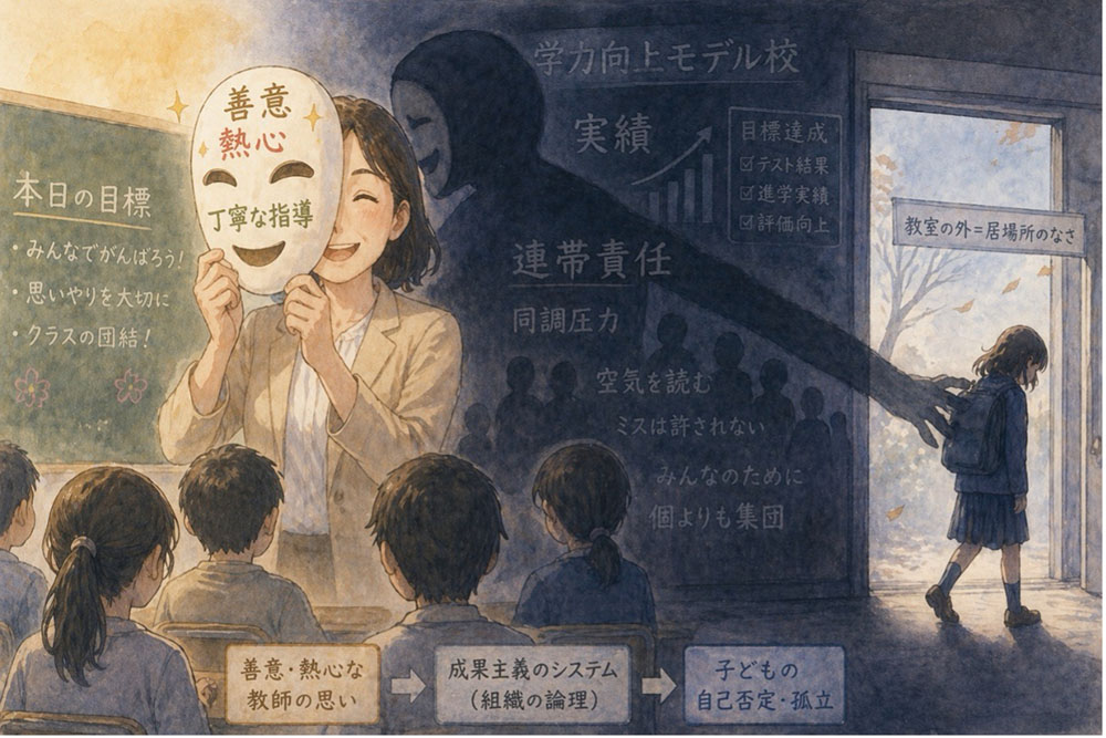 イラスト３　善意の仮面と組織の影 