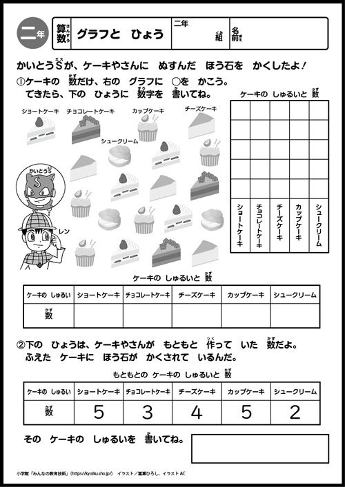 小２算数　おもしろパズルプリント　グラフと　ひょう