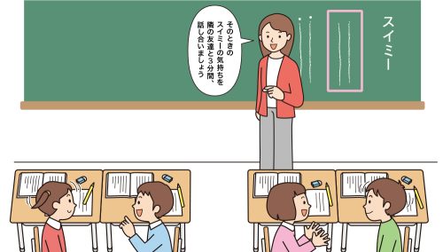 国語「スイミー」の授業でペアトークする子供たち