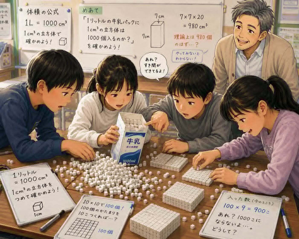 イラスト2　１リットルの体積を作業を通して実感する子どもたち