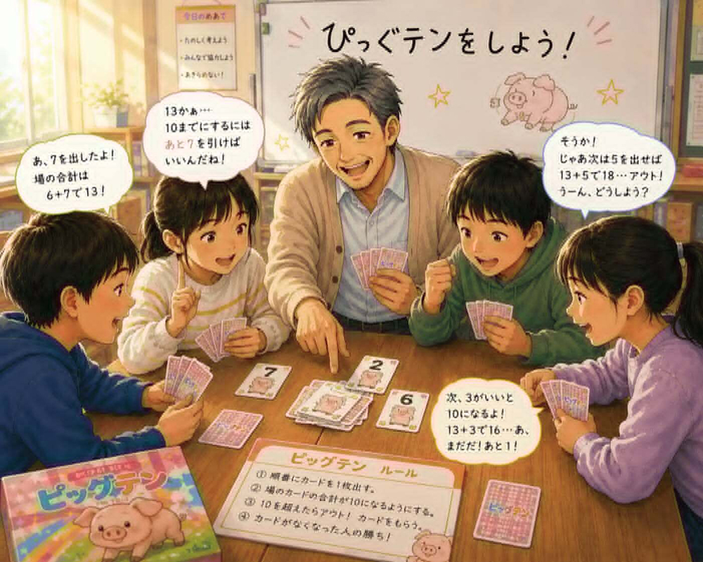 イラスト３　カードゲーム「ぴっぐテン」を通じて芽生えた自然な協働の姿