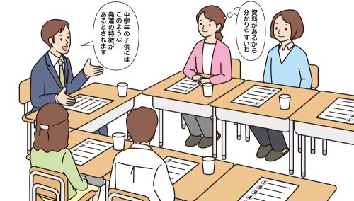 保護者会で資料を基に、中学年の子供の発達の特徴について説明する男性教員