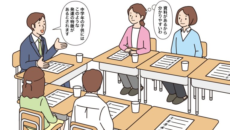 保護者会で資料を基に、中学年の子供の発達の特徴について説明する男性教員