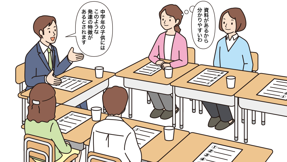 保護者会で資料を基に、中学年の子供の発達の特徴について説明する男性教員