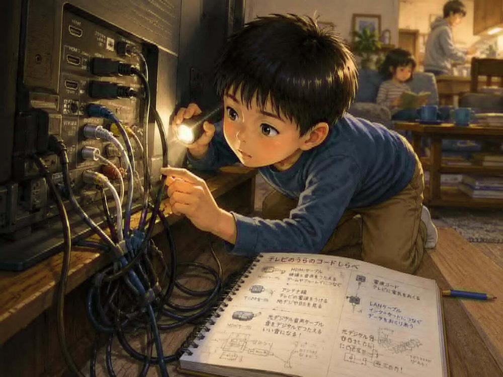 テレビの裏の接続コードを調べているSさん イラストby高田保則 (生成AIを使用して作成)