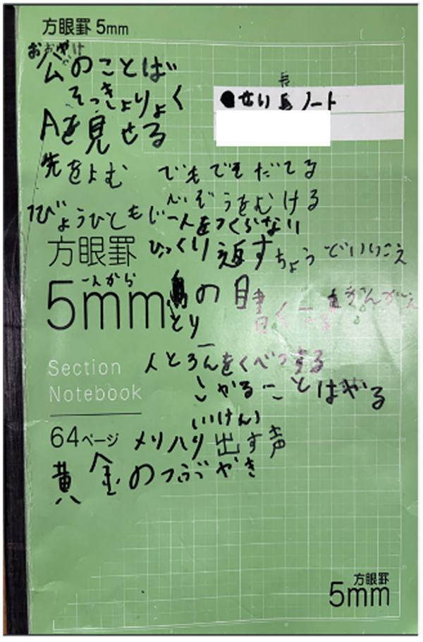 Ａさんが「公の言葉」と記した「成長ノート」
