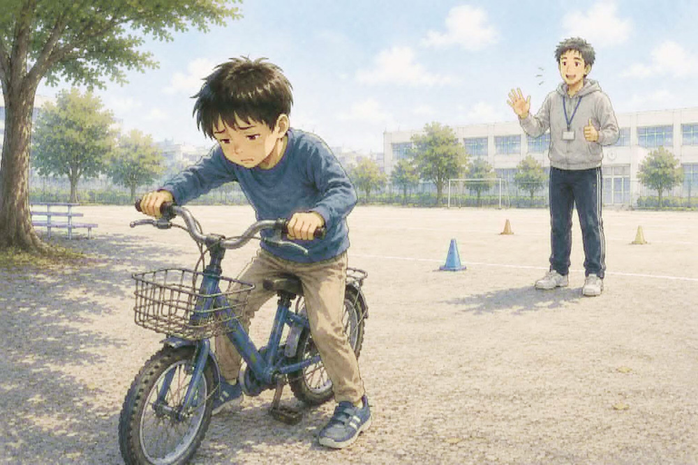 自転車練習が辛そうなMさん イラストby高田保則 (生成AIを使用して作成)