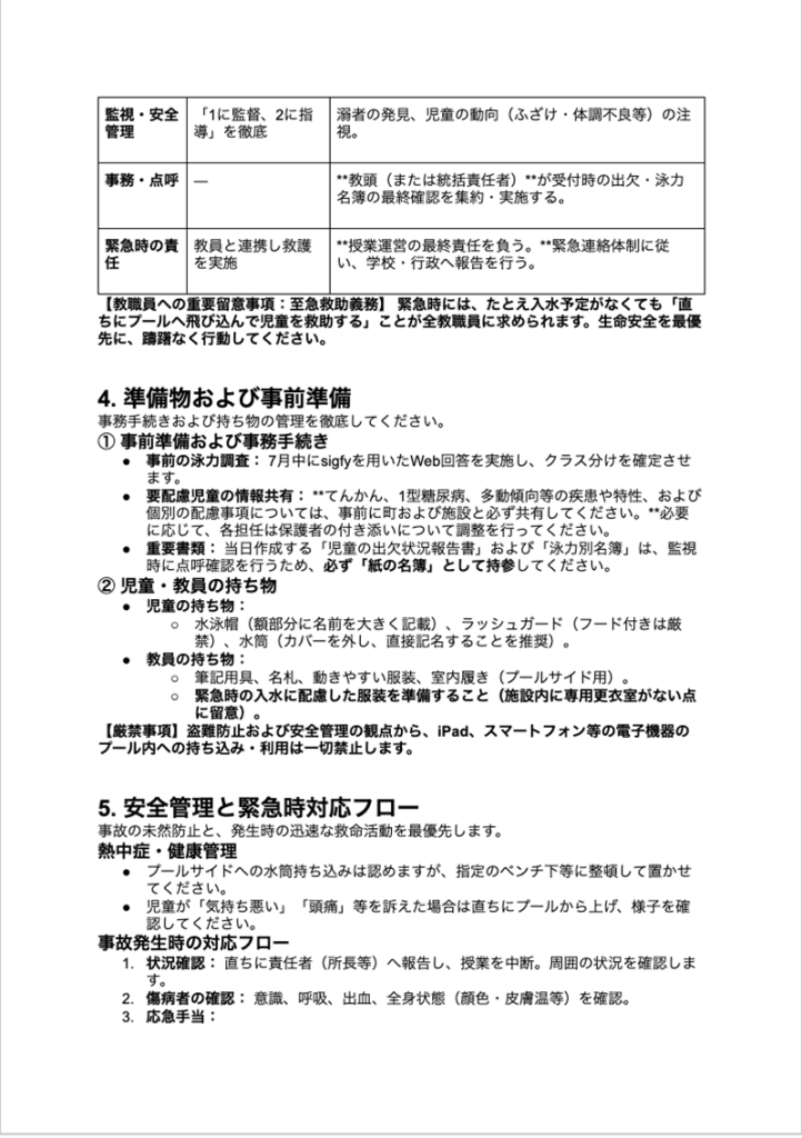 出力された水泳指導に関する書類