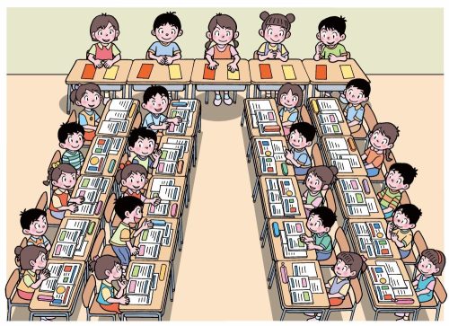 ２チームに分かれて討論学習をする子供たち