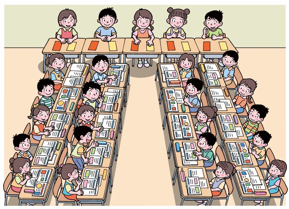 ２チームに分かれて向かい売って座り、討論学習をする子供たち（イラスト）