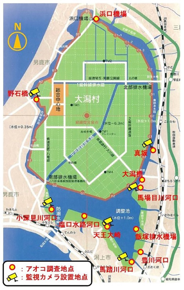 八郎湖のアオコ調査地点、監視カメラ設置地点を示した地図