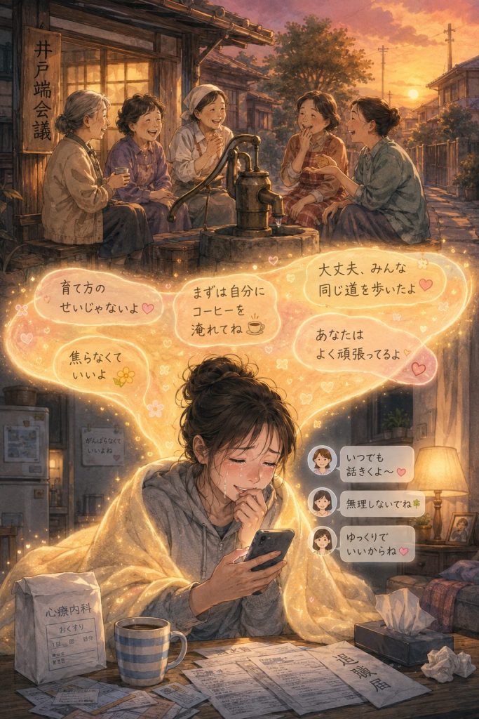 「現代の井戸端会議」:ネットで育まれる共感の輪 by高田保則 (生成AIを使用して作成)