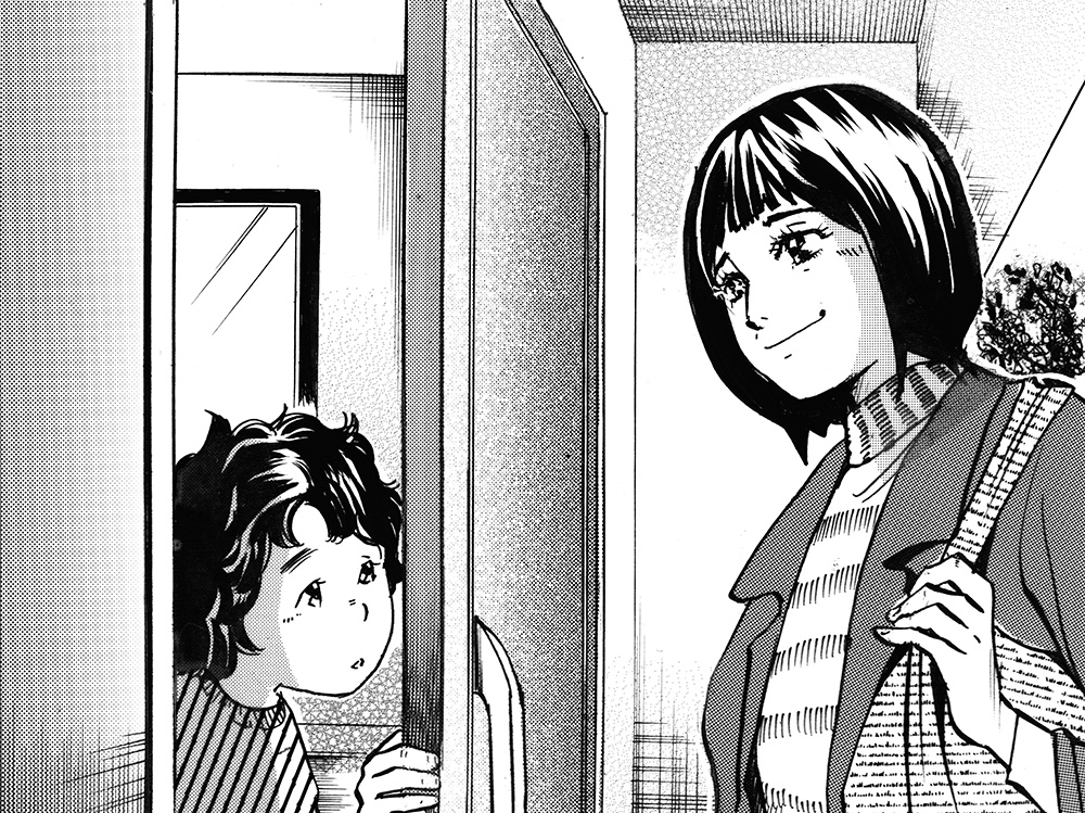 家庭訪問をするまどかと顔を出すユウタ
