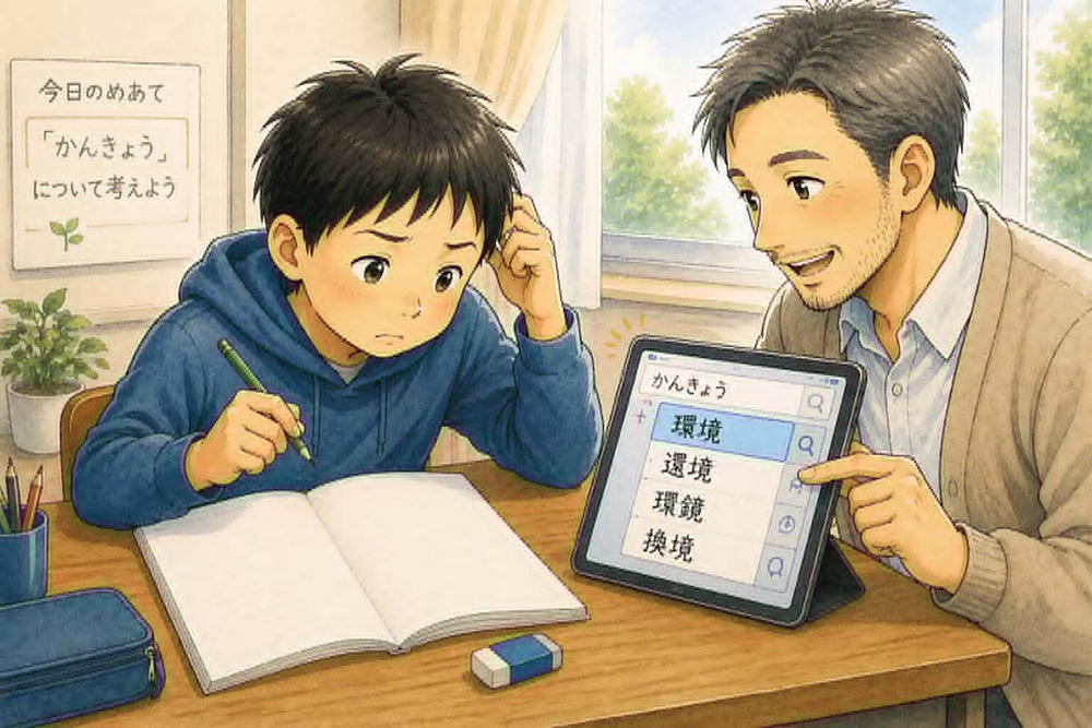 イラスト1/手書きでは止まってしまうけれど、ICTを使えば漢字を選べる翔太さん by高田保則 (生成AIを使用して作成)