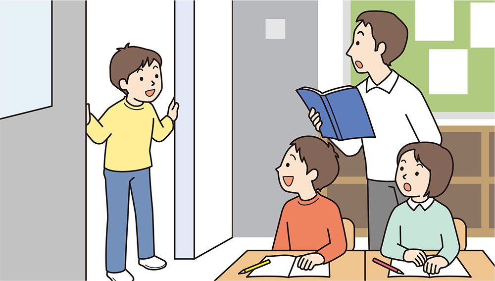 他校を抜け出してきた男児とそれを見て驚くクラスメートや先生