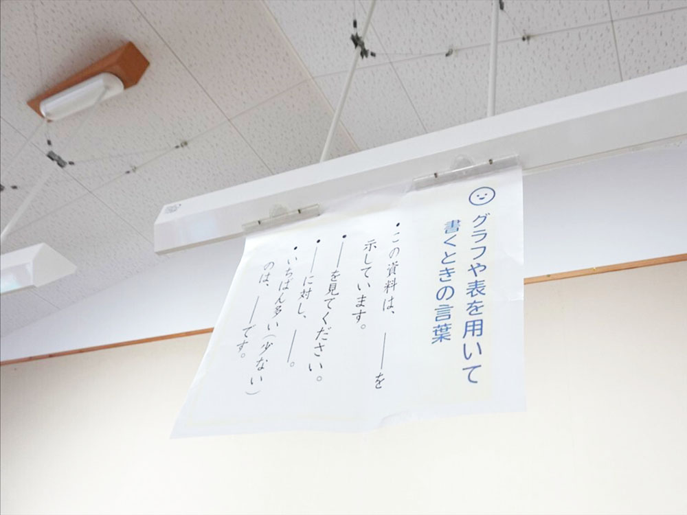 教室に掲示された「グラフや表を用いて書くときの言葉」