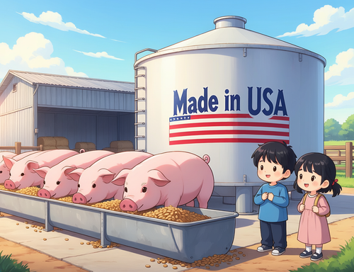 日本の豚がアメリカ産の飼料を食べているところ