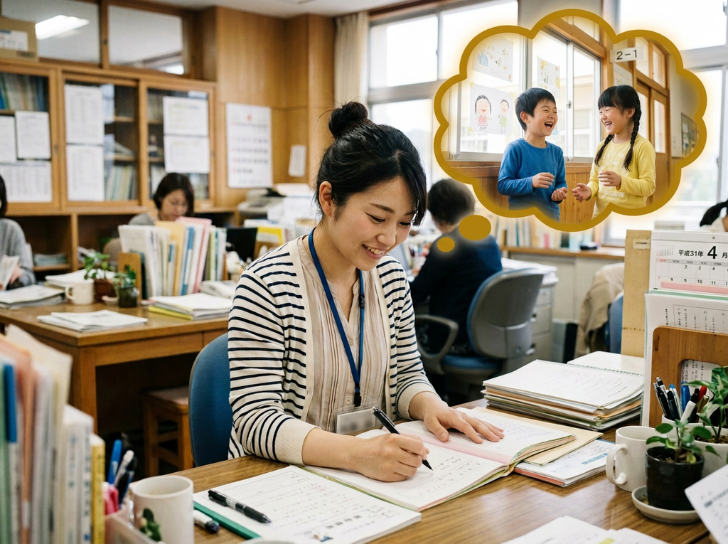 連絡帳を書いている教員