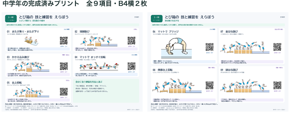 図3 中学年の完成済みプリント2枚。各項目に動きの図と動画視聴用二次元コードが付いています。
